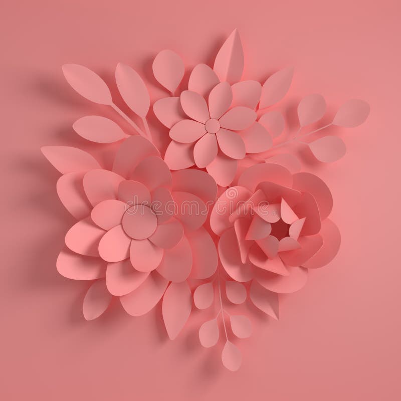 Paper elegant pink flowers on pink background. Valentine`s day, Easter, Mother`s day, wedding greeting card. 3d render digital. Spring or summer illustration in stock illustration