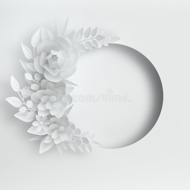 Paper elegant white flowers and leaves on white background. Valentine`s day, Easter, Mother`s day, wedding greeting card. 3d. Render digital spring or summer royalty free illustration