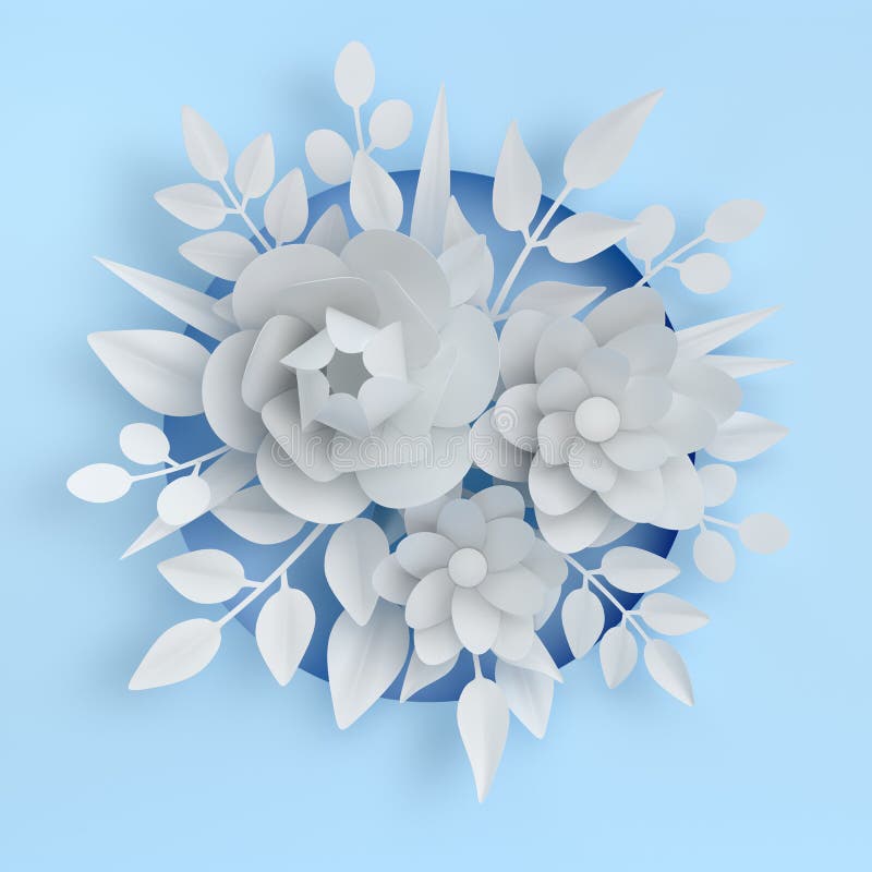 Paper elegant white flowers and leaves on blue background. Valentine`s day, Easter, Mother`s day, wedding greeting card. 3d rend. Er digital spring or summer vector illustration Paper elegant white flowers and leaves on blue background. Valentine`s day, Easter, Mother`s day, wedding greeting card. 3d rend. Er digital spring or summer vector illustration