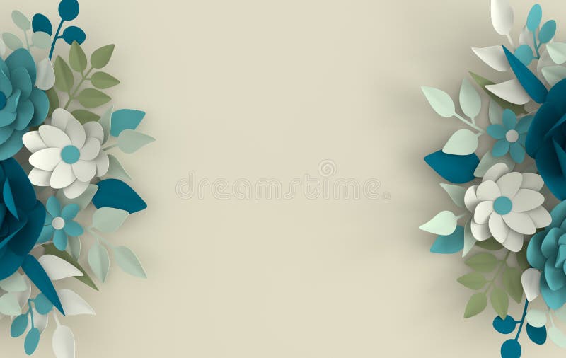 Paper elegant white flowers and leaves, floral origami background. Valentine`s day, Easter, Mother`s day, wedding greeting card. 3d render digital spring or royalty free illustration