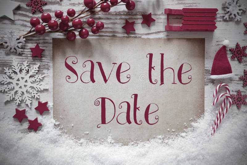 Red Christmas Decoration, Snow, English Text Save The Date stock image Red Christmas Decoration, Snow, English Text Save The Date stock image