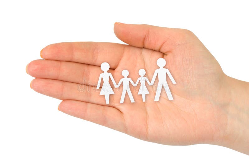 Paper family in hand isolated on white background
