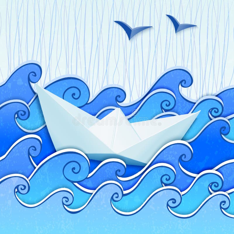 Paper fartyg i det blåa skissade havet stock illustrationer