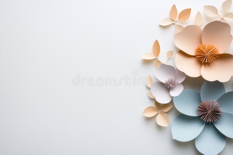Paper flower art, a field of paper flowers in soft hues on a white backdrop, designed to mark the onset of spring with royalty free stock photography