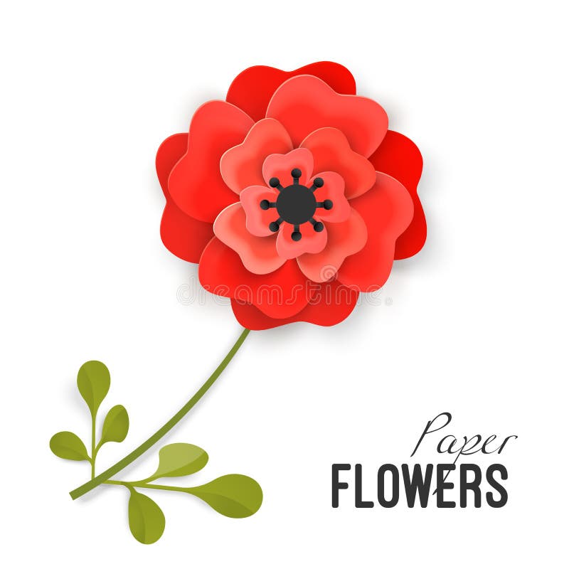 Paper flower lush red peony on small stem with leaves isolated vector