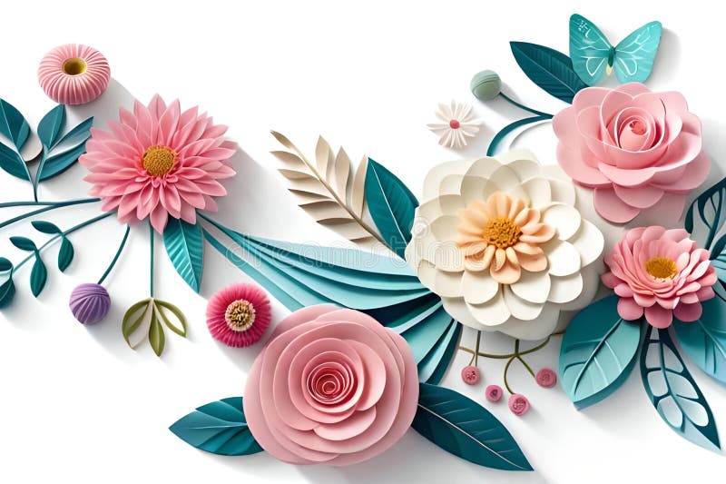 Paper flowers pattern on white background. vector illustration