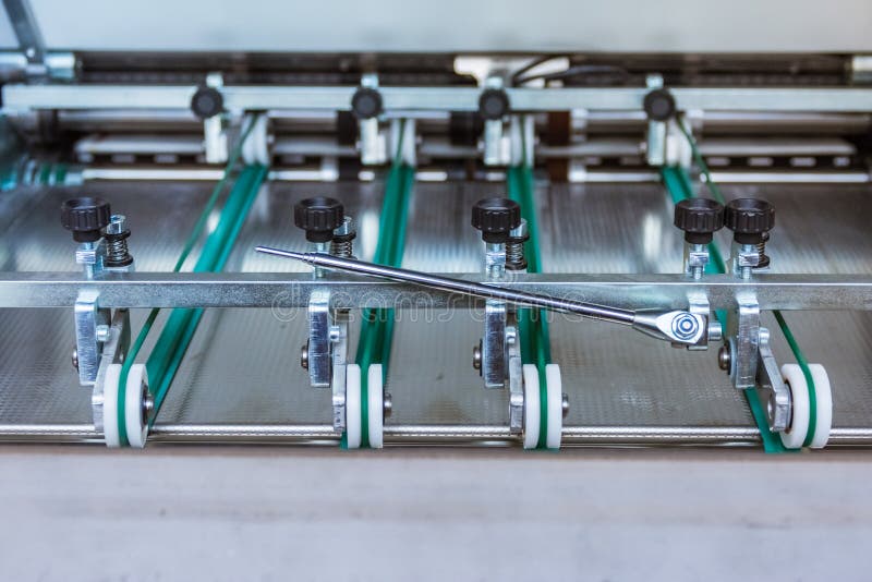 Paper Folding Machine Transfer Wheels Rollers Engineering Machinery Print Production Letter Sheet Moving Screws Adjustments Close stock images