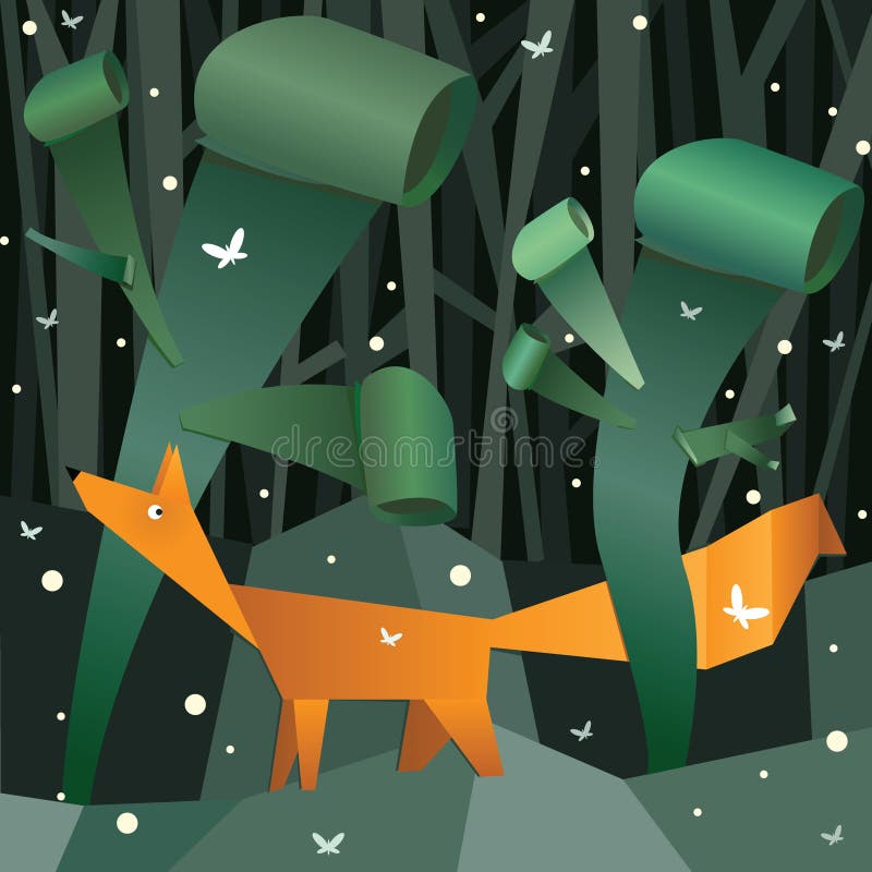 Paper fox in a paper forest.