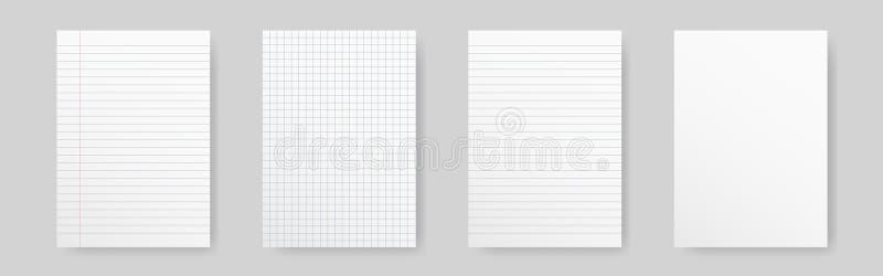 Paper lines collection. Realistic checkered sheet. White paper blank with shadow. Note book lined mockup. Document or vector illustration