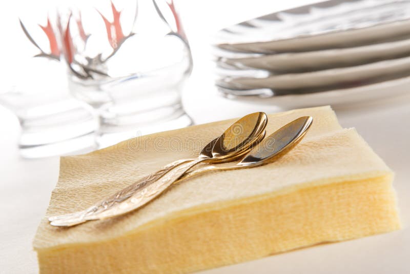 Paper Napkins with Spoons, Plates and Glasses Stock Image Image of