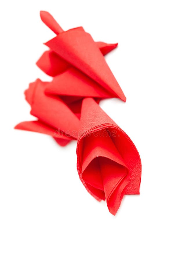 Paper Napkins. Top View of Three Red Paper Napkins on a White