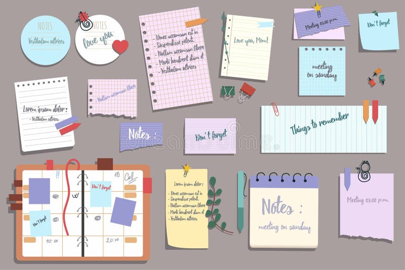 Paper notes icons in hand drawn design. Paper notes elements in hand drawn design