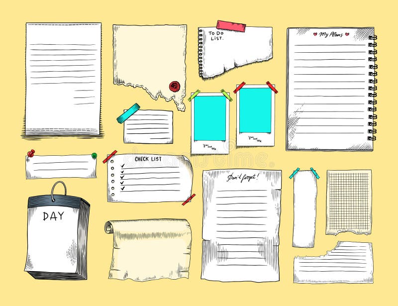 Paper notes for daily planner. Hand drawn bullet journal elements. Notebook sheets doodles. To do list, memo sheet vector illustration