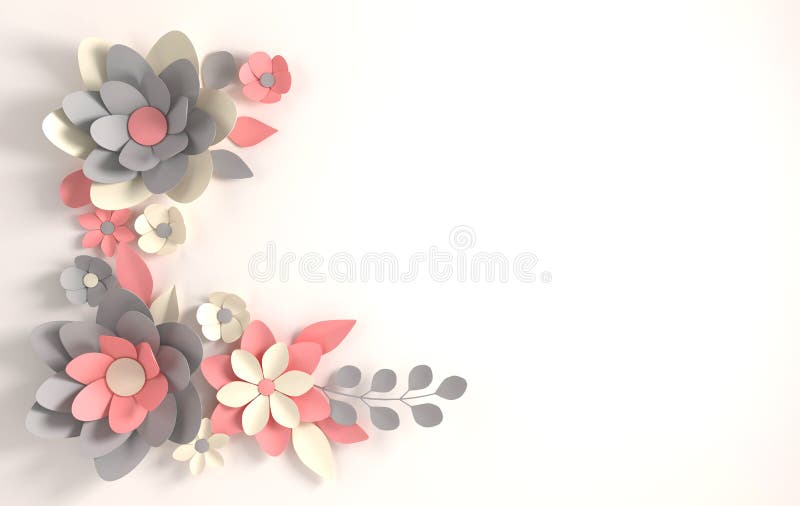 Paper pastel colored flowers on white background. Valentine`s day, Easter, Mother`s day, wedding greeting card. 3d render digita. L spring or summer flowers vector illustration