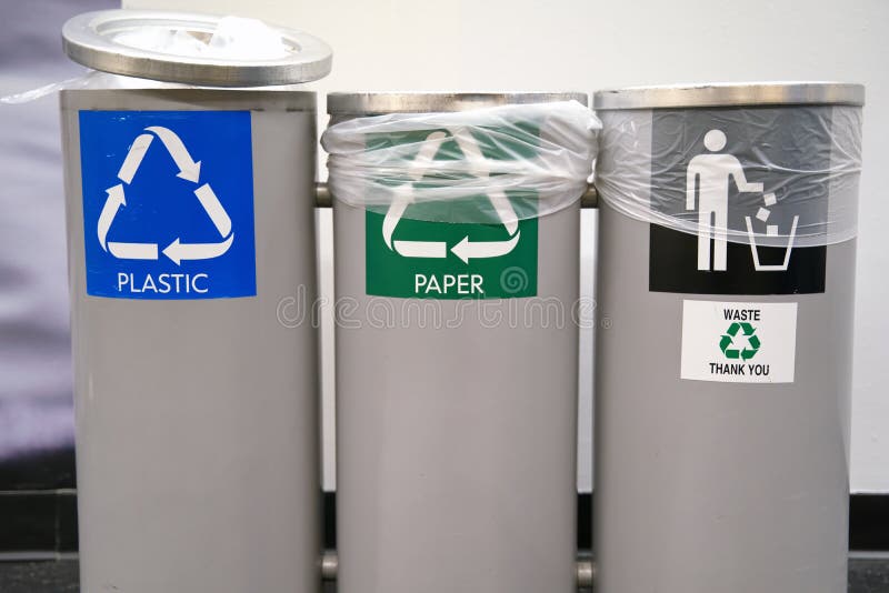 Paper and Plastic Recycling Trash Cans Stock Photo Image of message