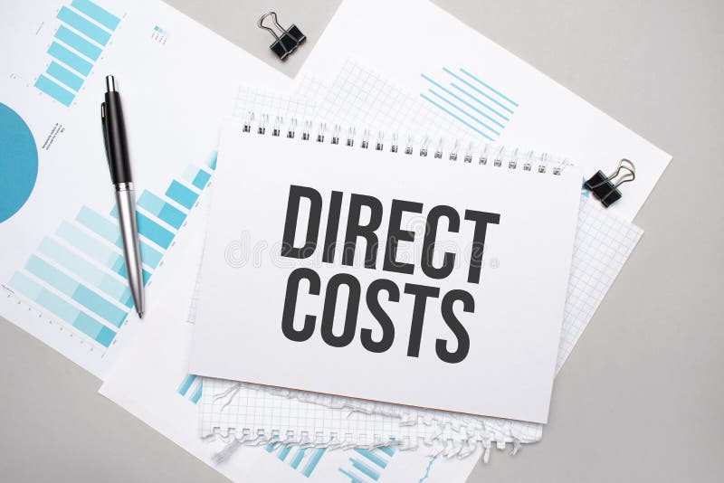 Paper Plate with Text DIRECT COSTS. Diagram, Notepad and Blue