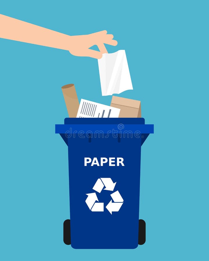 Paper Recycling. Hand Throwing A Paper Into A Recycle Bin. Stock Vector
