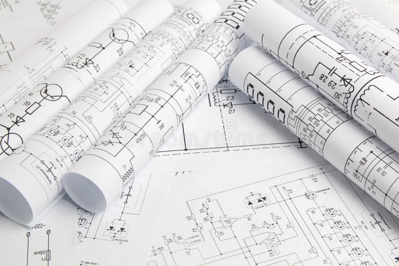 Paper rolls of electrical engineering drawings royalty free stock image