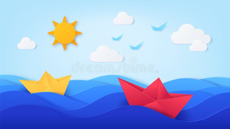 Paper sea with boats. Origami with ocean waves, ships, blue sky, sun, birds and clouds. Summer day seascape in paper cut