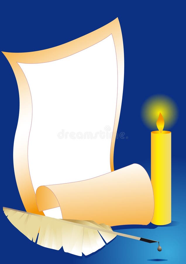 Paper sheet, candle and feather