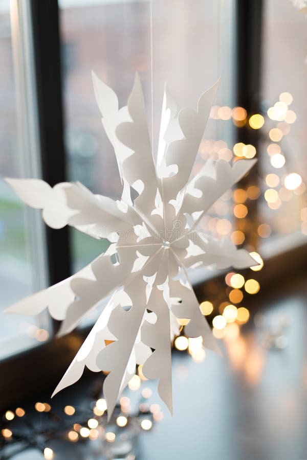 Paper Snowflake Decoration Hanging on Window Stock Image Image of