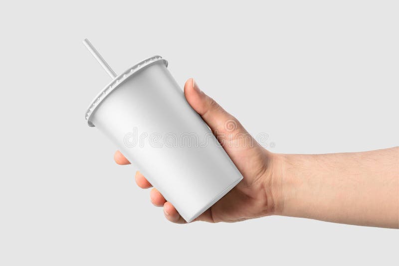 Paper Soda Cup in a Hand with Straw Mockup Template, on Light Grey