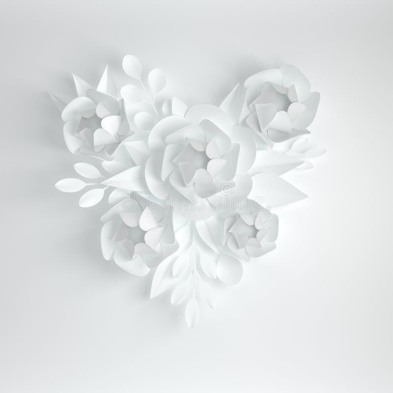 Paper white flowers, heart shape. Valentine`s day, Easter, Mother`s day, wedding greeting card. 3d render digital illustration i. N paper art style stock illustration