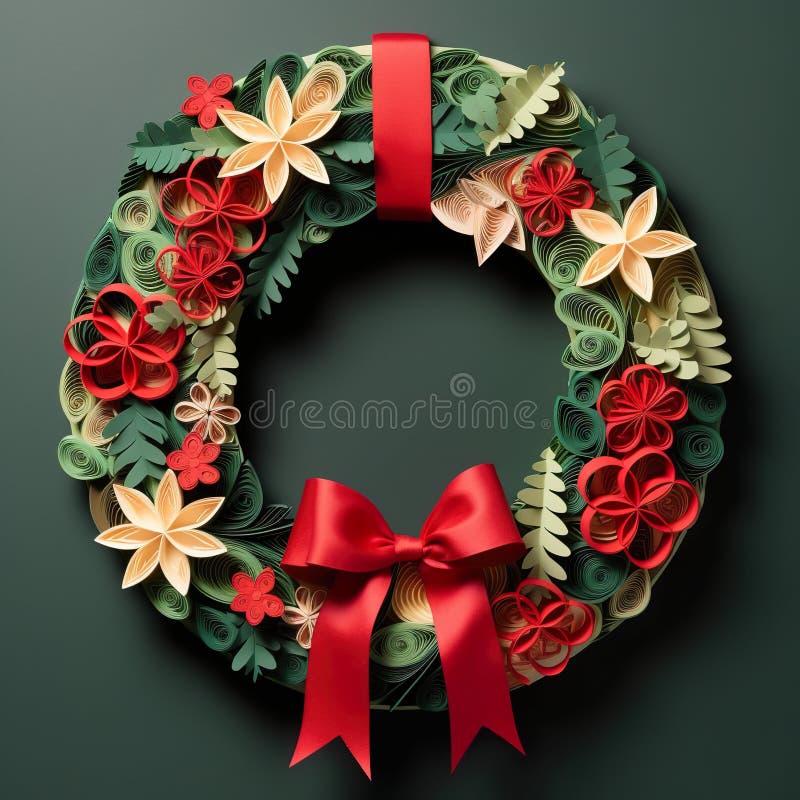A paper wreath with a red bow on a green background. Generative AI. Christmas wreath clipart. A paper wreath with a red bow on a green background. Generative AI. Christmas wreath clipart.