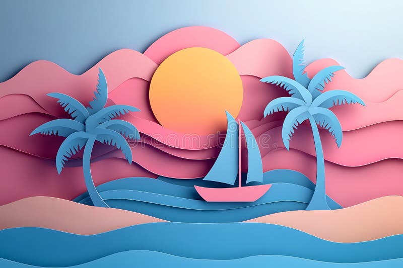 Papercut Beach Scene Palm Trees Pink Sailboat Ocean Waves Sunset Minimalist Design royaltyfri illustrationer