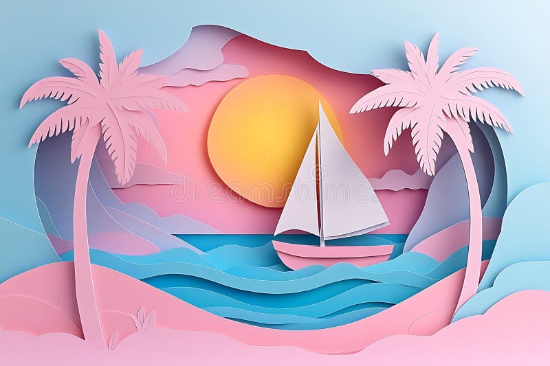 Papercut Tropical Island Scene Pink Palm Trees Sailboat Ocean Waves och Golden Sun vektor illustrationer