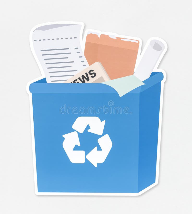 Papers in a blue recycling bin stock illustration