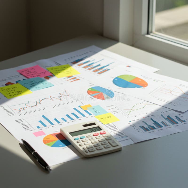 Papers with colorful charts and graphs, including pie and bar charts, are spread on a vector illustration