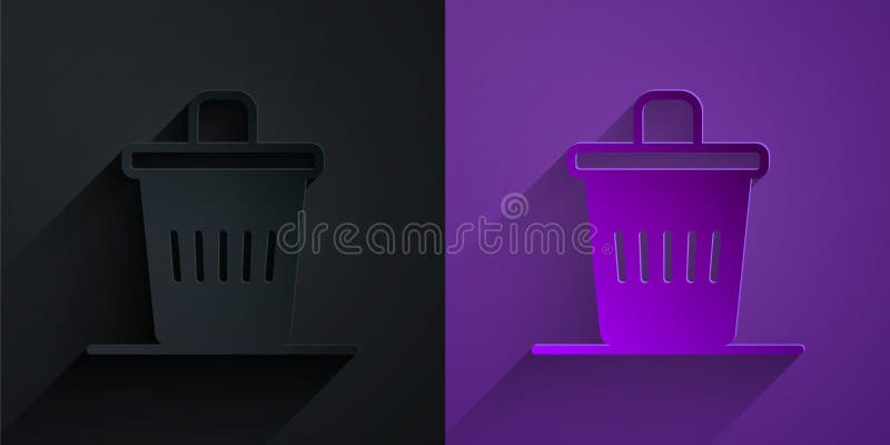 Paper cut Trash can icon isolated on black on purple background. Garbage bin sign. Recycle basket icon. Office trash icon. Paper art style. Vector. Paper cut Trash can icon isolated on black on purple background. Garbage bin sign. Recycle basket icon. Office trash icon. Paper art style. Vector.
