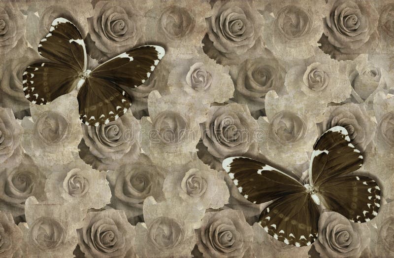 Papier Peint SEPIA fleurs VINTAGE CERCLES mur en béton papillons perles effet 3d 