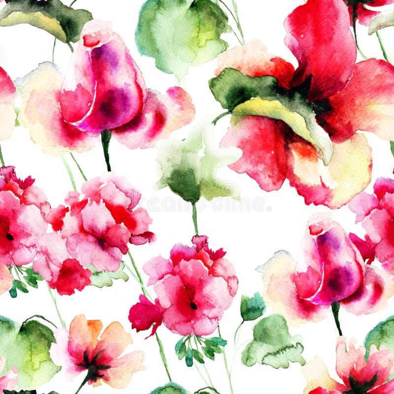 Papier peint sans couture avec des fleurs de géranium et de Rose illustration de vecteur Papier peint sans couture avec des fleurs de géranium et de Rose illustration de vecteur