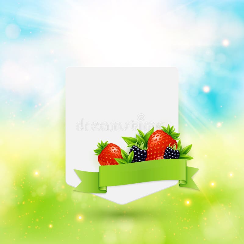 Papieranmerkung mit Band, Beeren und Blättern auf heller Sommerrückseite vektor abbildung
