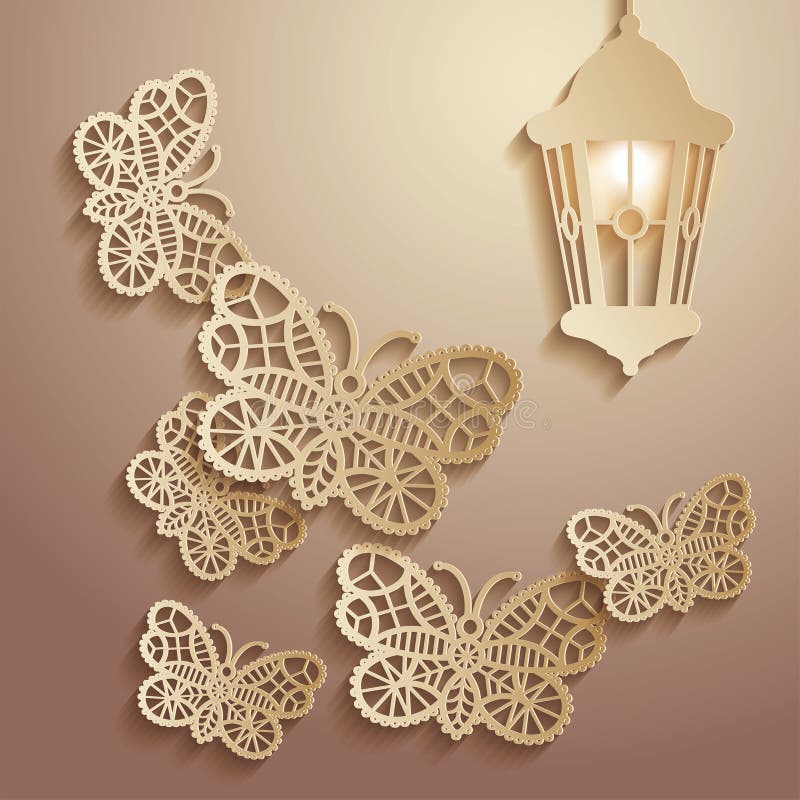 Papierowa grafiki ilustracja koronkowi motyle lata światło lampion ilustracja wektor Papierowa grafiki ilustracja koronkowi motyle lata światło lampion ilustracja wektor