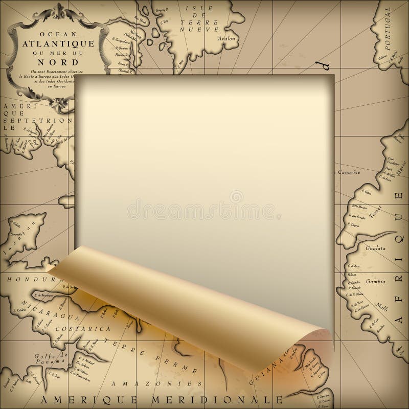 Papierowy prześcieradła cięcie obramiający up i stronniczo staczający się z starym geograp ilustracji