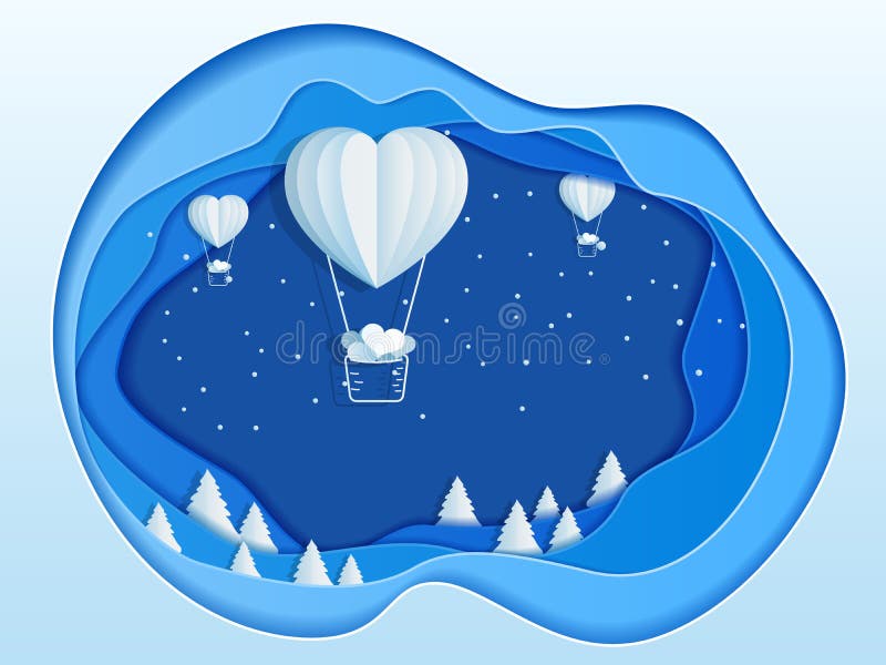 Paper art depth concept of christmas with balloon heart on forest. Merry christmas and happy new year. Cartoon Vector Illustration. Paper art depth concept of christmas with balloon heart on forest. Merry christmas and happy new year. Cartoon Vector Illustration.