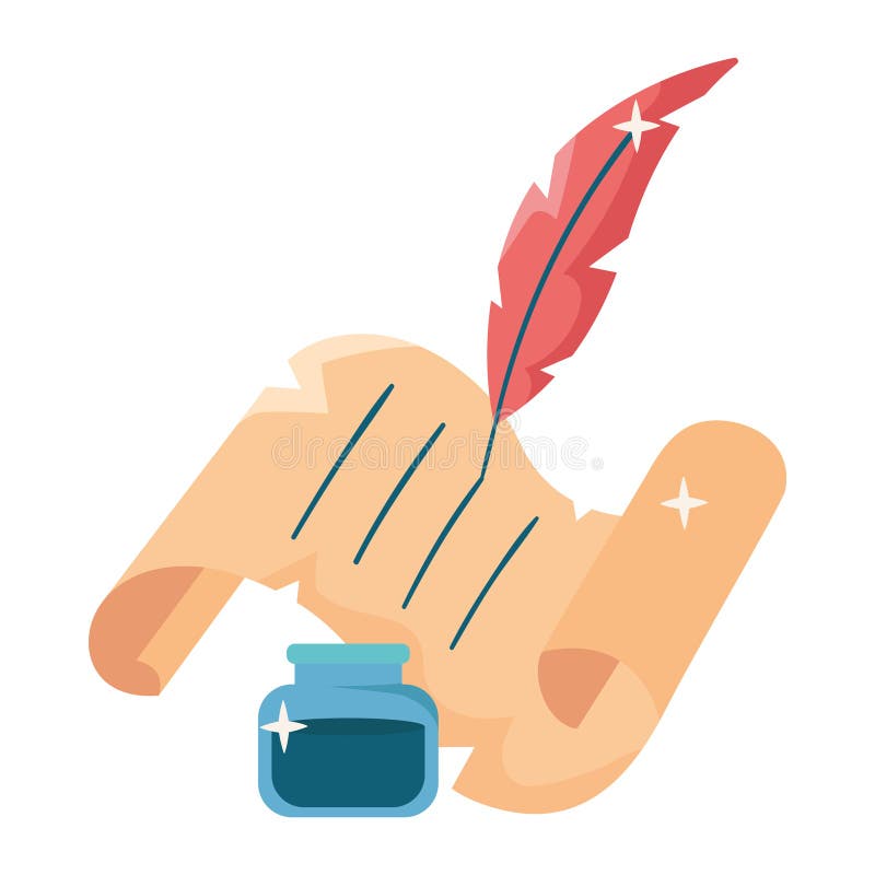 Papierrolle und Federquillstift in Tintenflasche stock abbildung