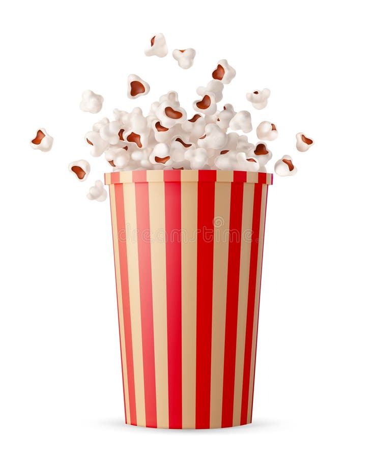 Papiertasse voll Popcorn isoliert auf weißem Hintergrund. schneller Fuß stock abbildung