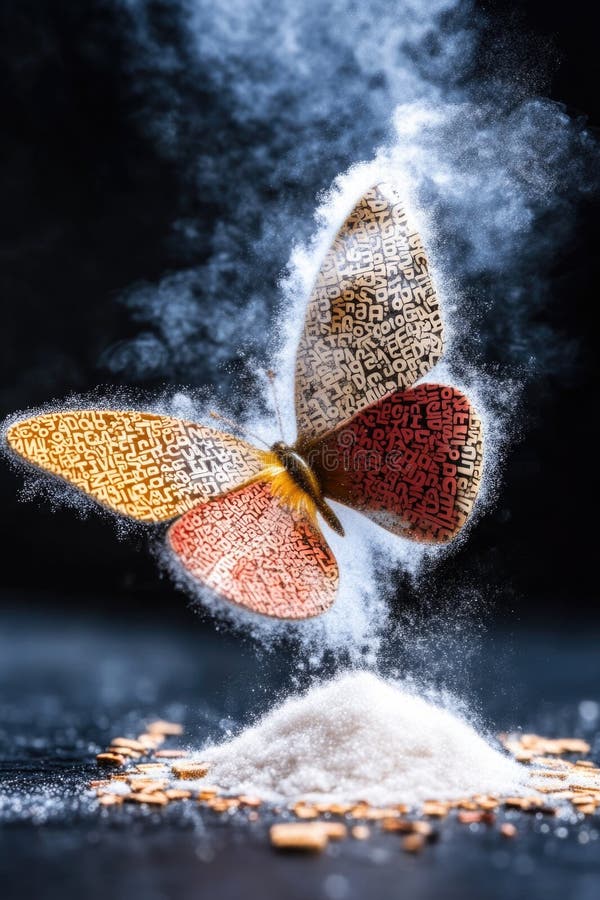 Papillon abstrait émergeant d'un tas de farine avec des ailes texturées et de la poussière mystérieuse. IA générée