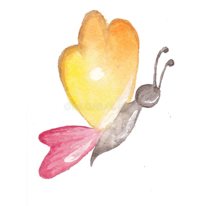 Papillon de jaune orange de rose de handrawn d'aquarelle illustration stock
