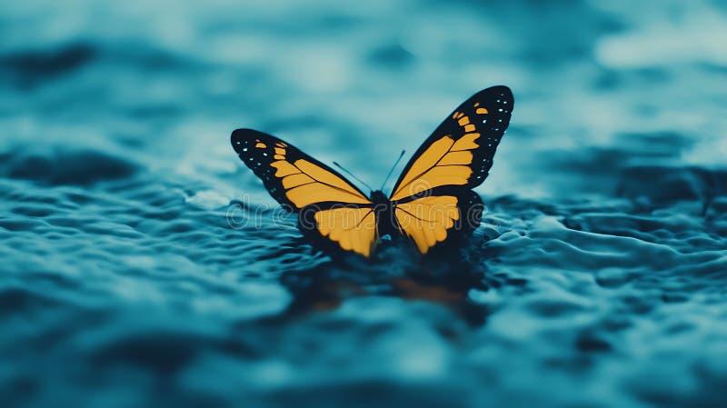 Papillon jaune sur la surface de l'eau bleue. Papillon jaune sur la surface d'eau bleue Génération d'IA