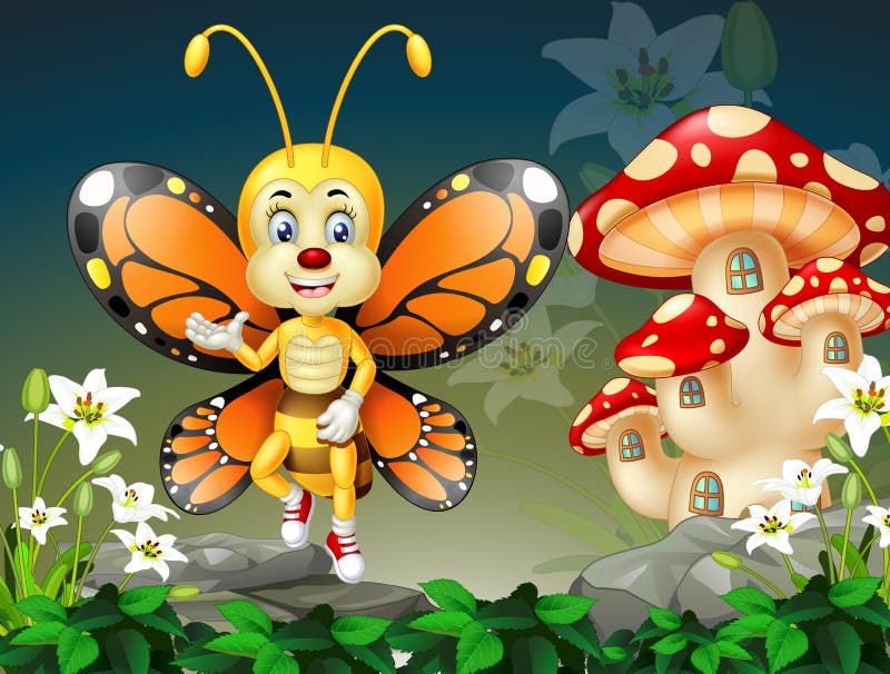 Papillon jaune volant dans le roc et fleur blanche avec la bande dessinée rouge de Chambre de champignons illustration de vecteur