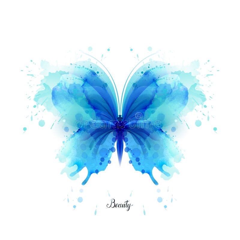 Papillon translucide de bel abrégé sur bleu aquarelle sur le fond blanc