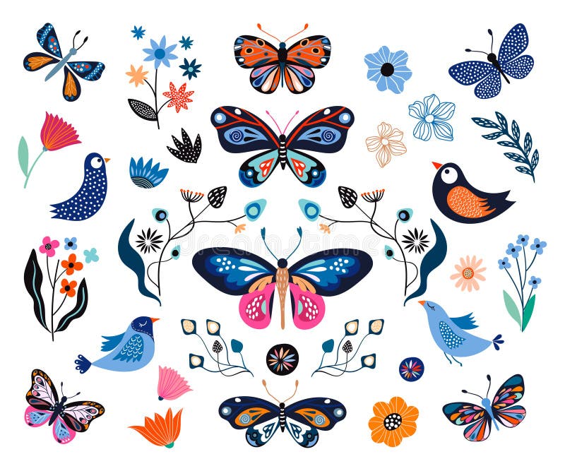Papillons, oiseaux et fleurs, collection tirée par la main de différents éléments illustration de vecteur Papillons, oiseaux et fleurs, collection tirée par la main de différents éléments illustration de vecteur