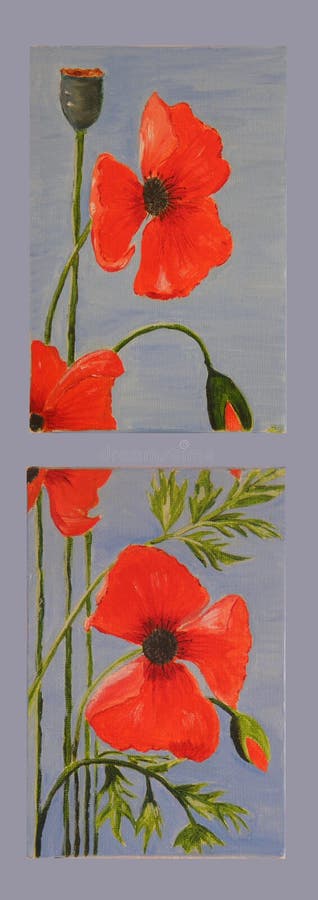 Papoilas na pintura a óleo azul foto de stock Papoilas na pintura a óleo azul foto de stock