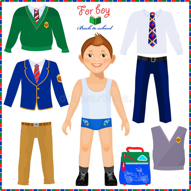 Pappers- docka med en uppsättning av kläder Gullig pojkestudent