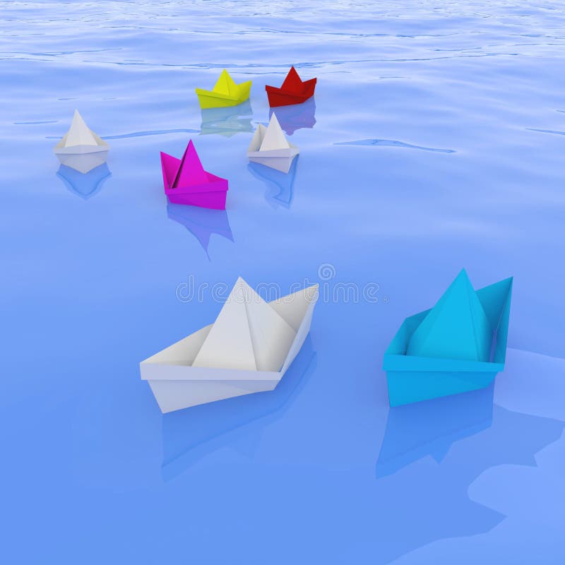 Pappers- fartyg, affärsidéen av kommunikationen och ledarskap, 3d framför, illustrationen 3d vektor illustrationer Pappers- fartyg, affärsidéen av kommunikationen och ledarskap, 3d framför, illustrationen 3d vektor illustrationer